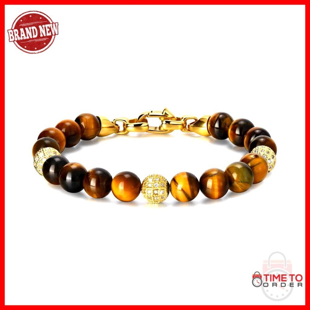 Men's Tiger Eye Beaded Bracelet, 8mm Natural Stone, Stainless Steel Clasp